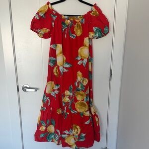 Flying Tomato Red Lemon Print Off-Shoulder Dress